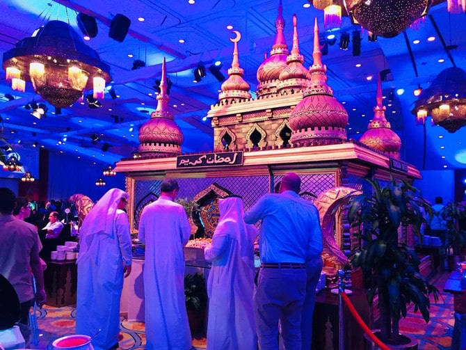 A spacious Ramadan tent decorated with elegant lanterns, cushions, and traditional fabrics